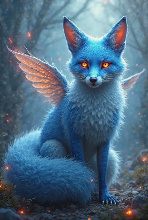 A fox with blue fur and two red eyes with two swallow wings with a fire tail 