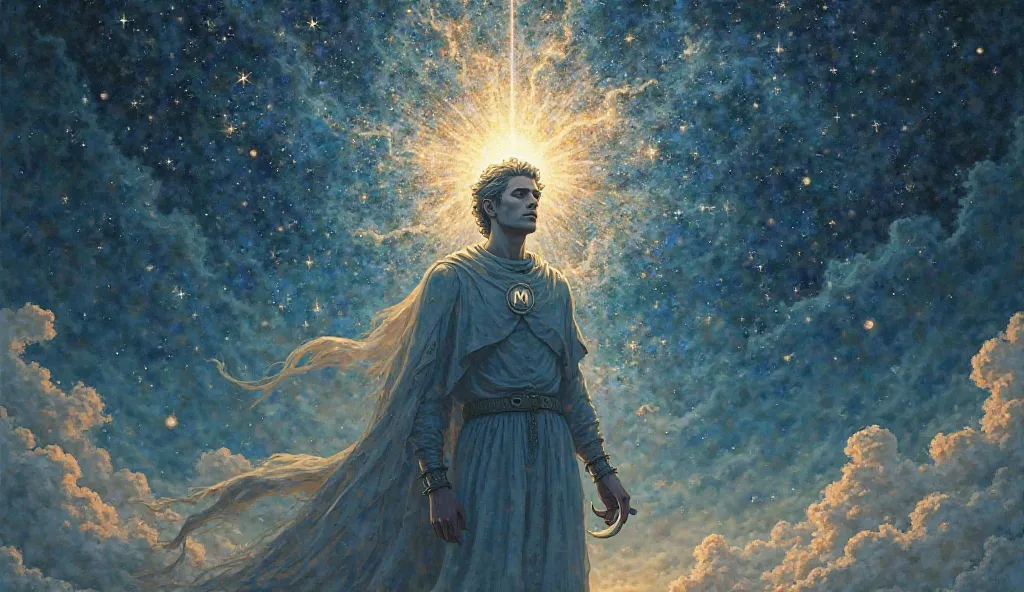 An image where the Chosen One stands against a backdrop of a cosmic sky. Their shadow is not human, but a vast, celestial figure made of stars and nebulae. The "M" is marked on the Chosen One’s chest, and they hold the crescent moon in their hand. This con...