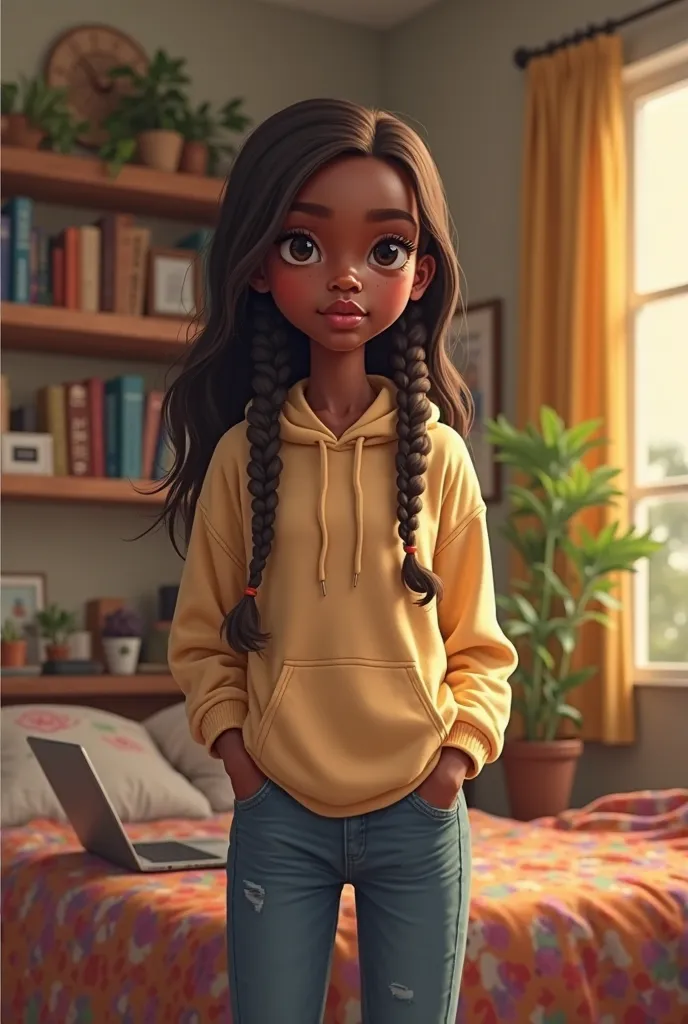 A young African American girl with soft brown skin, standing in a warmly lit bedroom. She wears a casual school hoodie and jeans. Her long braided hair falls neatly over her shoulders, and she has youthful facial features with almond-shaped eyes and full l...