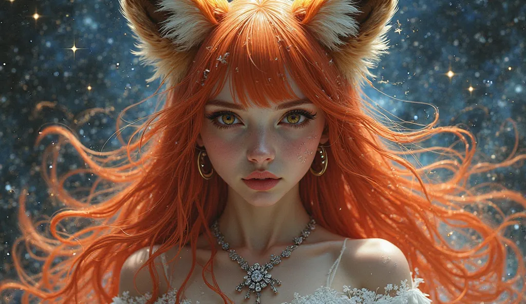 Girl with the spirit of a mysterious fox, straight red hair,  flowing hair, silver jewelry , universe and stars,  look deep, fire in the eyes