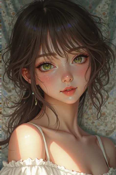 Screen cap Tokyo Revengers, a girl with light skin, soft brown hair, green eyes and plenty of eyelashes, has few and barely noticeable freckles. It has a soft and tender expression, plus a background of a feminine room.