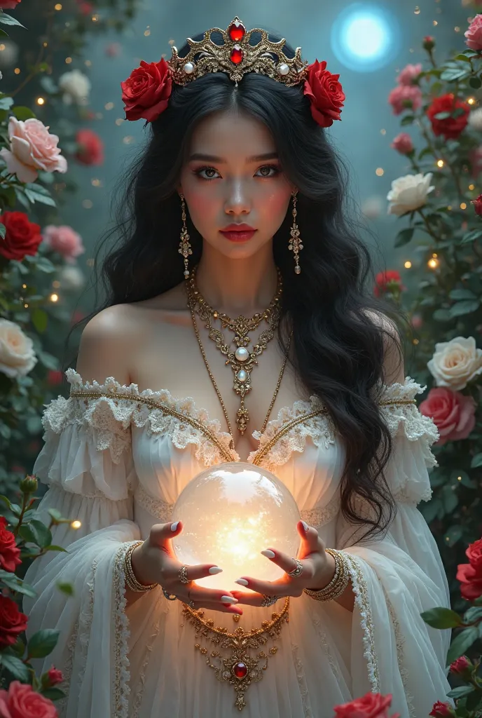  A mysterious young woman ,  with fair skin and intense eyes , veste um traje branco e  red de estilo místico e esotérico. Her long wavy black hair is adorned with a tiara decorated with stones and red roses..  She wears long earrings and ornate necklaces ...