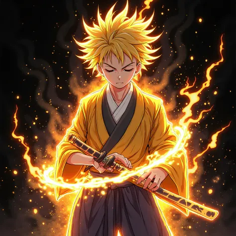 An electrifying anime-style illustration of a young samurai warrior, standing with a calm yet powerful stance. His eyes are closed, and he grips the hilt of his katana with both hands, as if preparing for a decisive moment. His hair is spiky, glowing with ...