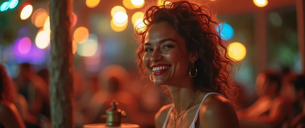  K7 audio tape, old,  written "Paralamas do Sucesso" Lens In the foreground. Blurred background of a beautiful Brazilian woman, happy, knocking on a tin; blurred colored lights in the background. 