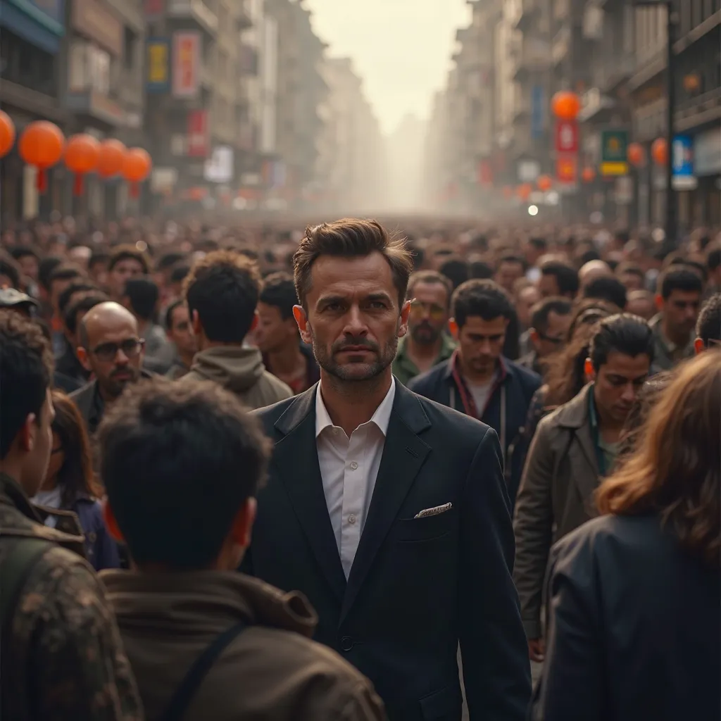 Improve the CLI: Show a crowd seen from above and a little from the front. In the midst of this crowd,  a man stands out .Coloring the whole image, making it as natural as possible