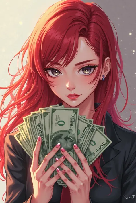 Create a profile picture of an anime woman with red hair holding money 