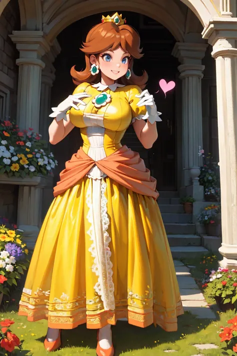 ((masterpiece,best quality,ultra-delicate,Perfect Face,detailed eyes,16k,high resolution,very beautiful girl)), princess daisy, yellow princess long skirt dress, white gloves, brown hair,large breasts,,smile,energetic,many flower garden,heart hands