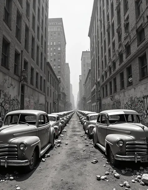 1 car,Black and white photography,((b&A photograph of an abandoned alley in a big city featuring old cars from the 1940s )), ((Graffiti on the wall)), (( old wear and tear of the building , Weathered,  missing parts and wall defects )), ((brick and concret...