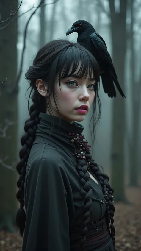 Night. Pitch dark. Scary forest. A black crow landed on the woman's shoulder.The woman is wearing a flower scarf. Her braided hair is visible from the back of the scarf. Her bangs are visible from the front of the scarf. detailed and distinct background. p...