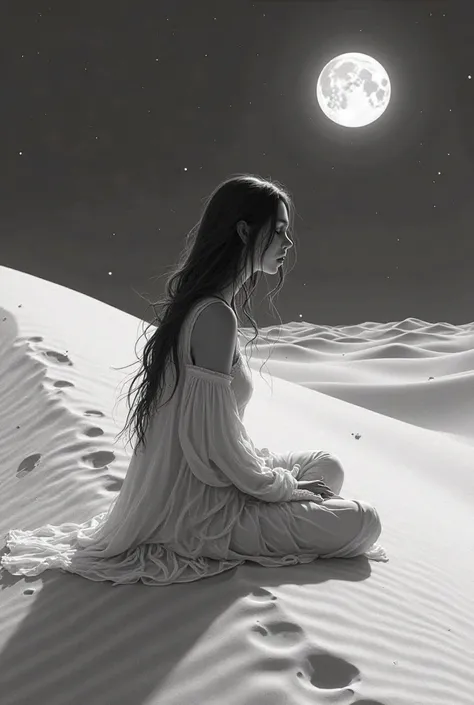 Fait moi un dessin en noir et blanc d'une jeune femme dans un desert assise sur une dune sous la lune 