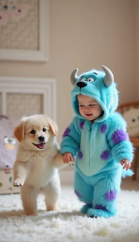 "An adorable light-colored puppy and a cute baby with bright blue eyes, dressed in a fluffy blue Monsters, Inc. costume, stand on their feet, holding hands as they dance together with joy. The baby’s outfit, inspired by Sulley, features soft blue fur with ...