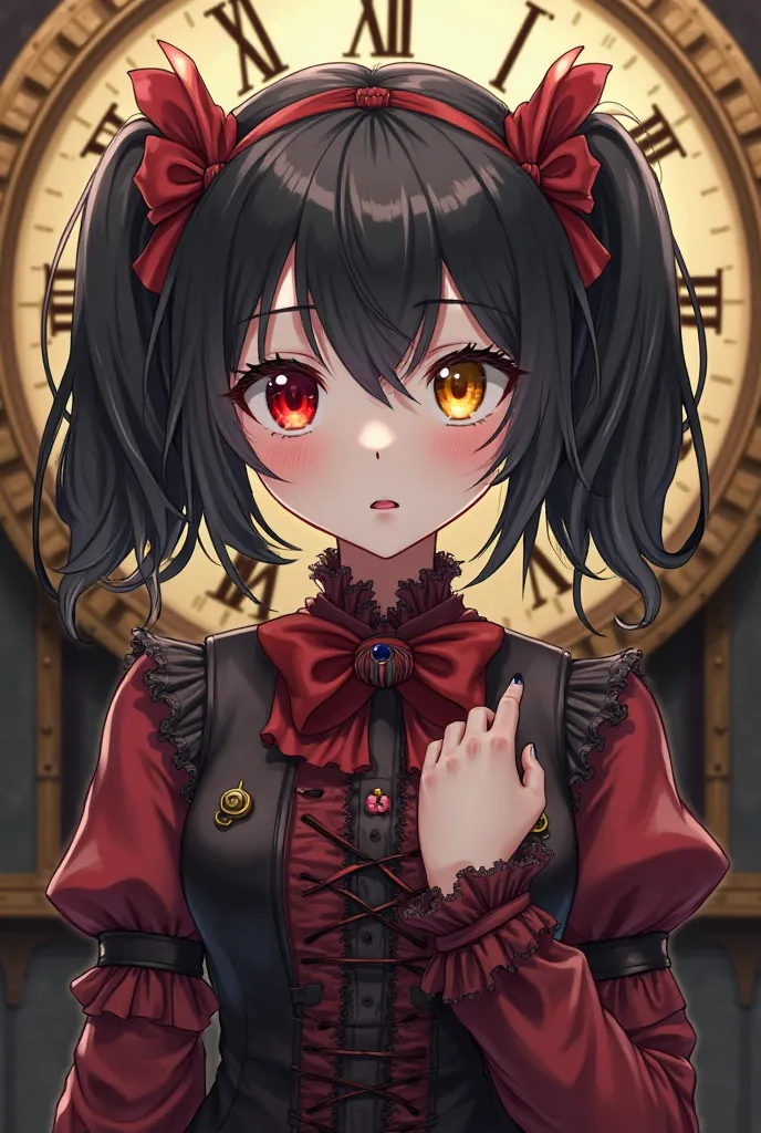 White-skinned anime girl with black hair, with two pigtails tied at shoulder height, one eye is red and the other is yellow, dressed as black and red Gothic Lolita and behind her in the background a large gold watch