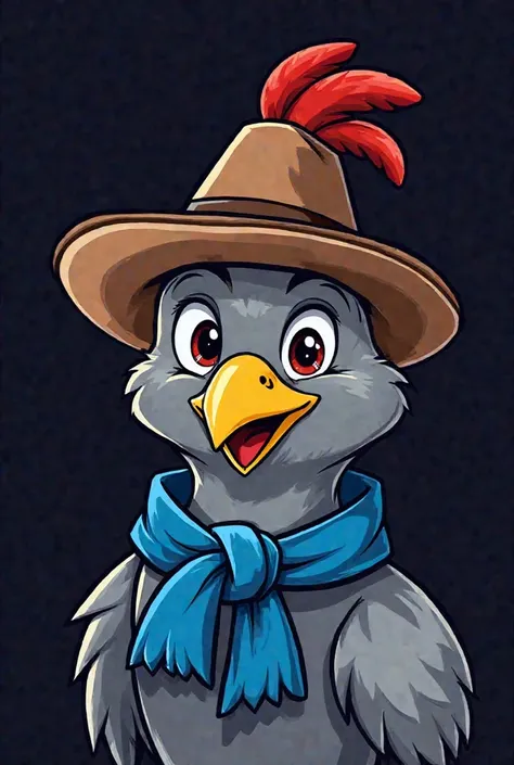 A highly detailed cartoon-style image of a football team mascot. The mascot is a grey chick with stylized textured feathers, expressive eyes, and a calm yet confident expression. It wears a traditional brown campeiro hat, slightly tilted for a stylish look...