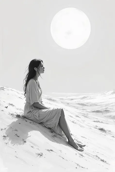 Fait moi un croquis en noir et blanc d'une jeune femme dans un desert assise sur une dune sous la lune 