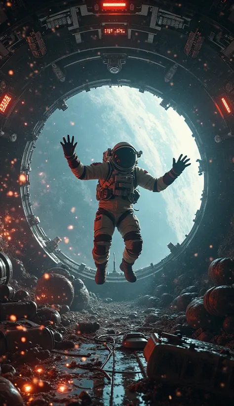 An ultra-realistic first-person (POV) view of an astronaut floating inside a wrecked spacecraft. Loose parts and sparking wires create a tense atmosphere. His gloved hands reach out, trying to stabilize himself. A crack in the hull lets in cold space light...