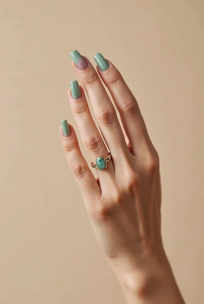 a woman&#39;s hand, with spots on a green finger from wearing a low-quality ring, that is a clear and good quality image, with a light beige background, It is for Pandora