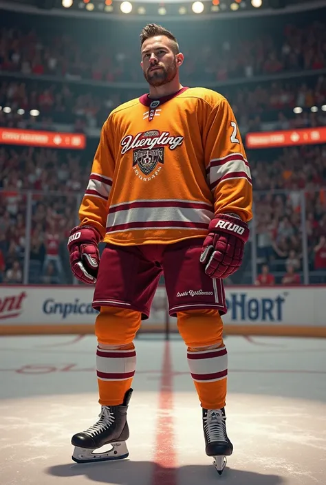 Professional Hockey player wearing a hockey uniform for Yuengling beer in colors inside a small arena 