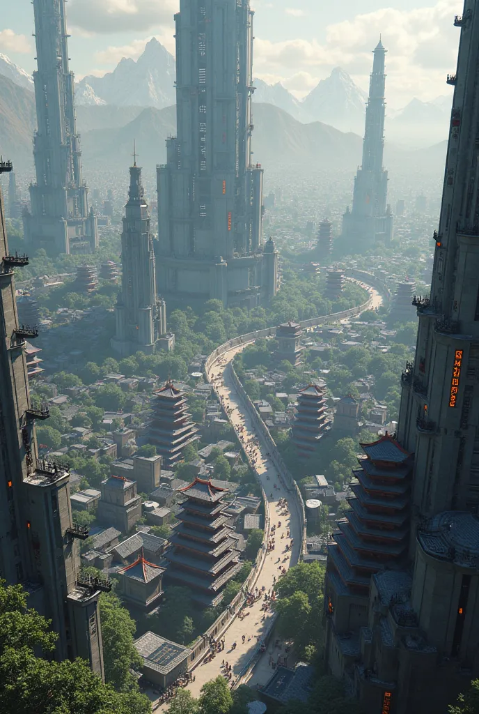 A futuristic medieval Japanese city surrounded by gigantic walls seen from above.