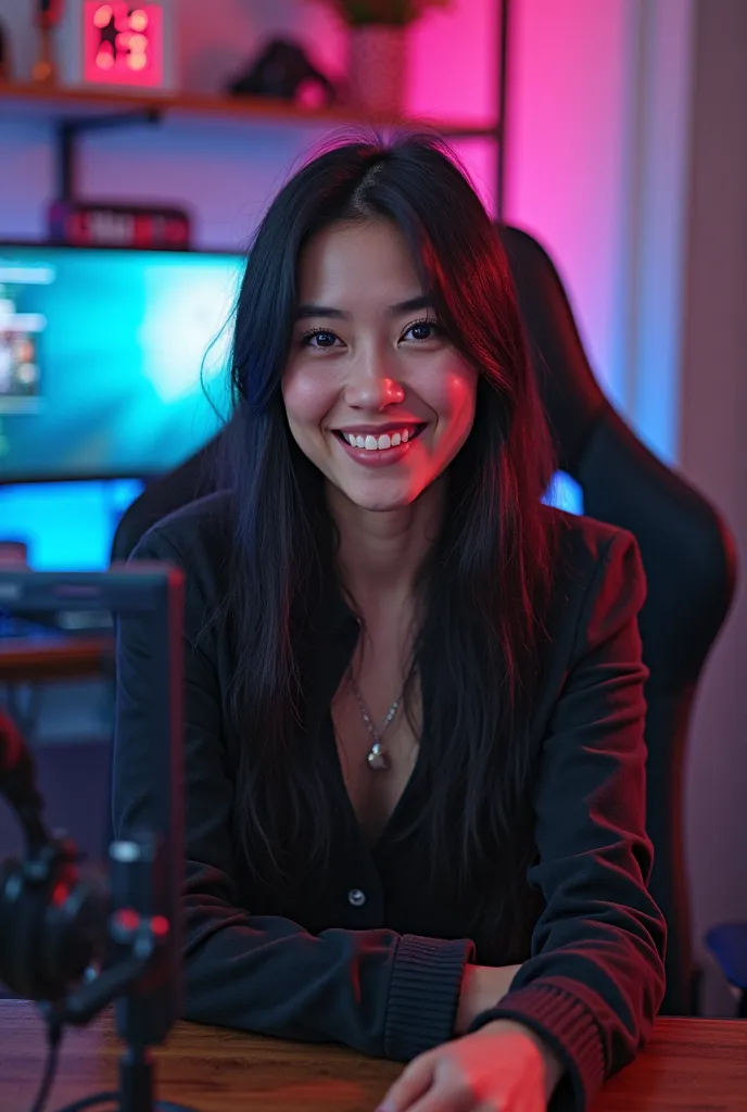 A realistic e-girl YouTuber, aged 25 to 27, sitting directly in front of a webcam in a gaming room with a gaming setup. She has long black hair, a Latina (Brazilian) appearance, not Asian, with natural features. She is facing the camera, looking into the w...