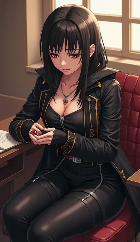 In the style of the Devil May Cry anime, a 16-year-old girl with long black hair styled in a braid without bangs and golden eyes dressed in a coat similar to Vergil's closed in black with gold details, black pants with two straps on the left leg, black hig...