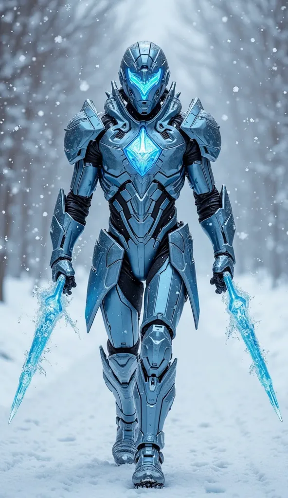 A futuristic warrior clad in an advanced ice-infused exosuit walks through a snow-covered battlefield, radiating an aura of absolute cold. The sleek, form-fitting armor is a fusion of crystalline ice and high-tech metal, shimmering in various shades of blu...