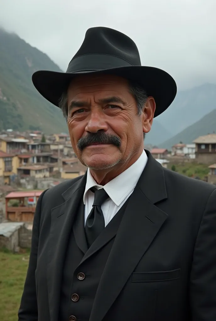 Create a realistic image of a middle-aged Venezuelan man,  in a black suit,  white shirt,  black tie, short brimmed black hat, black hair brushed backwards and a small mustache. Your expression should be kind, with deep eyes and an upright posture, reflect...