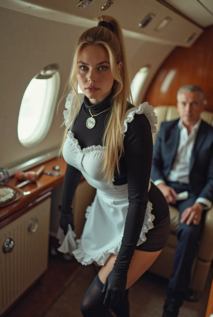 A young, tall, butty, and elegant woman with fair skin and long, silky blonde hair, tightly secured in a sleek high ponytail. Her blue eyes, now hold a glimmer of shame and quiet resentment. She wears a black and white aviation-style French maid uniform—hi...