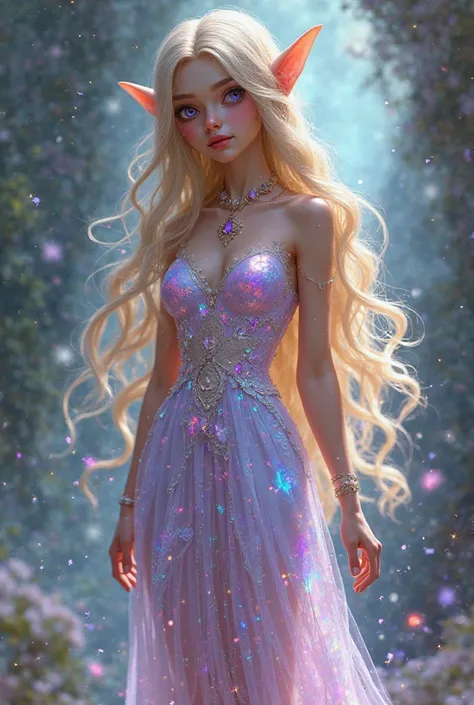 long Blonde haired older adult elf with purple eyes wearing a holographic dress with jewelry and crystals realistic cartoon