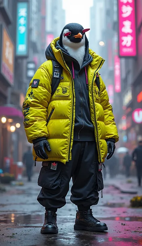 Penguin wearing a yellow jacket and black pants, Cyberpunk Streetwear, wearing Cyberpunk Streetwear, Cyber Future Jacket,  wear Japanese tech wear with cyberp,  japanese streetwear ,  pink cloth wearing  , The Future of Techwear,  Futuristic Tech Wear ,  B...