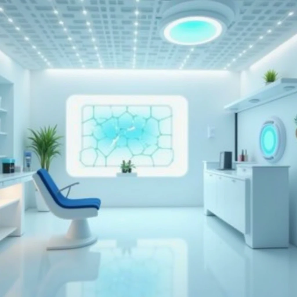 A bright and clean futuristic medical office with soft white and light blue tones. The walls have a subtle hexagonal pattern, resembling an advanced biotech lab. A digital medical chart is displayed in the background, slightly blurred for depth. The ambian...