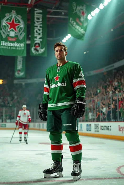 Professional Hockey player wearing a hockey uniform for Heineken beer in colors inside a small arena 