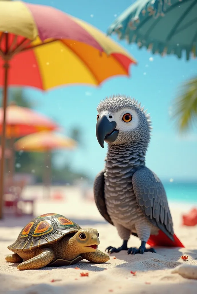 A pretty Gabon gray parrot on the beach under umbrellas with an animated turtle 