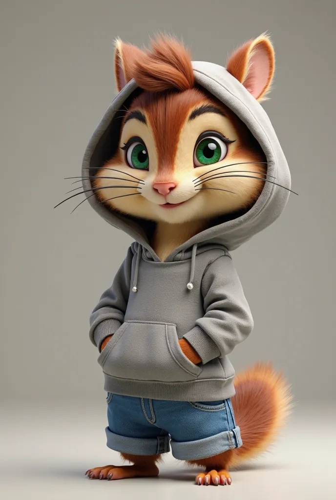 Alvin chipmunk 3 d , in a gray hoodie, with green eyes,  jeans in shorts