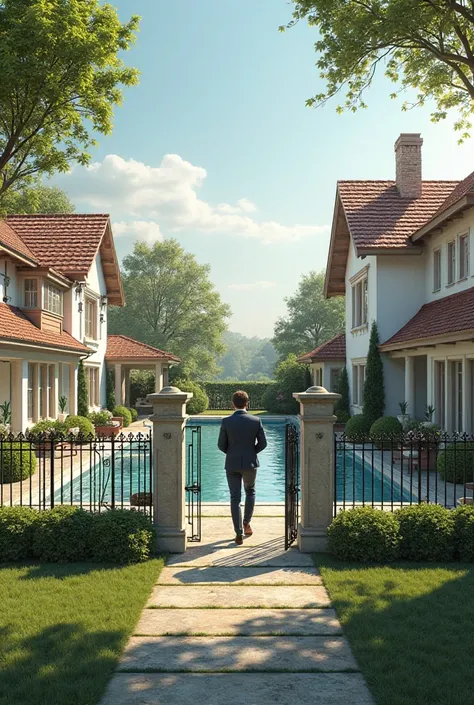 Make it two houses and you can see the man passing the gate to go to the other pool