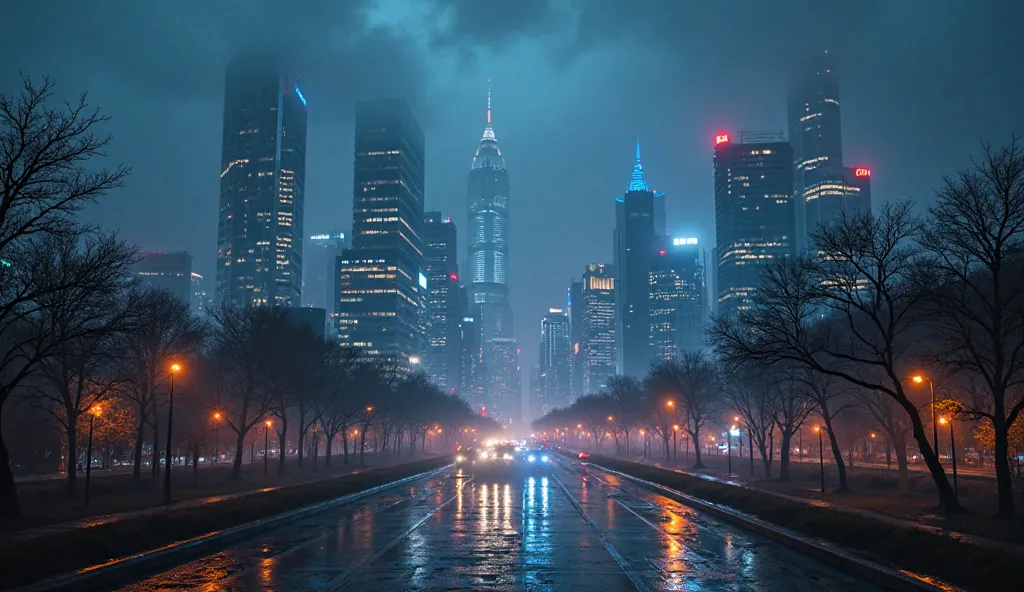 Ultra high quality, 16:9 aspect ratio, ultra-realistic quality – nighttime urban skyline with towering skyscrapers, neon lights reflecting off wet streets, moody atmosphere with mist hovering above the city, detailed cityscape with illuminated windows and ...