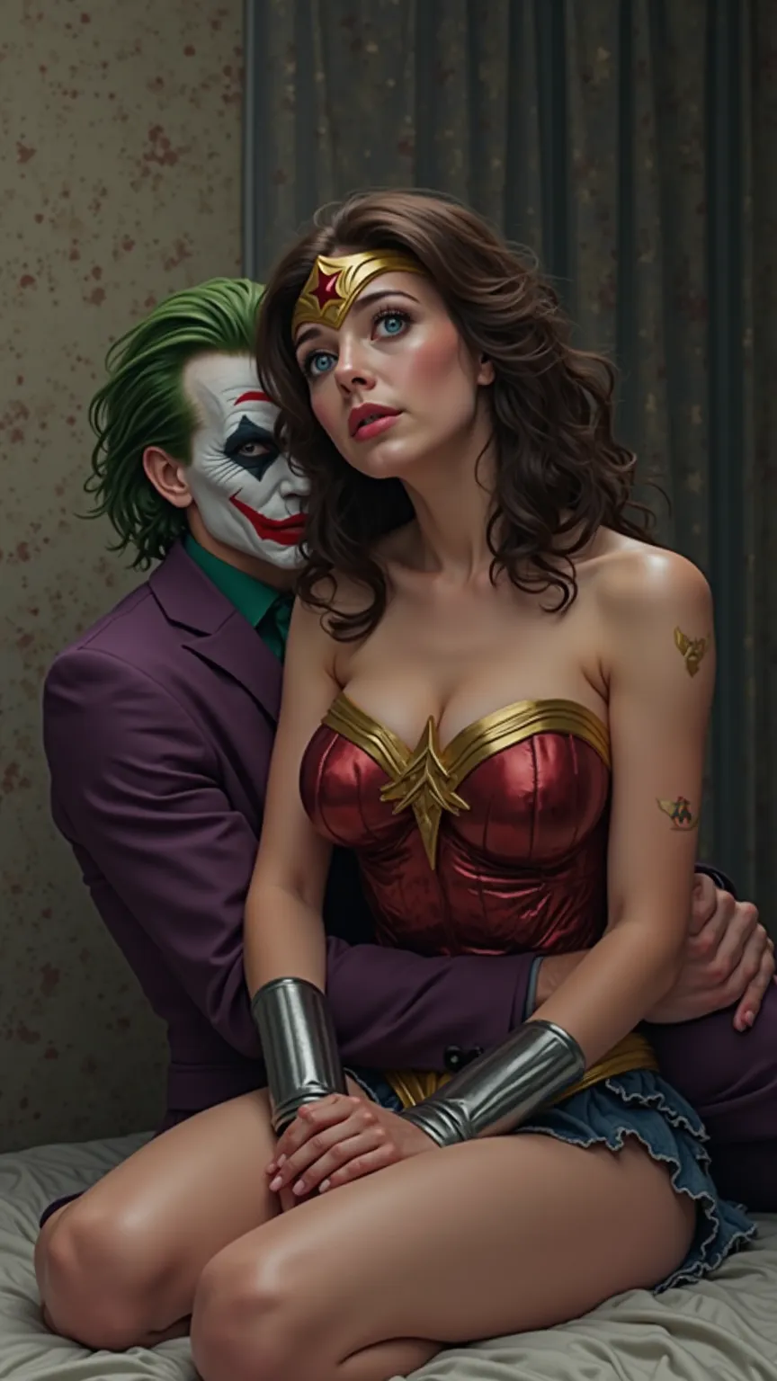 nsfw, live-action、A picture showing the Joker and Wonder Woman、A cute Japanese person with brown hair is Wonder Woman、Has wavy hair。needs to pose sexy。 with blue eyes 。She has healthy skin 、has big chest and butt。 on the bed、well-balanced musculature

sitt...