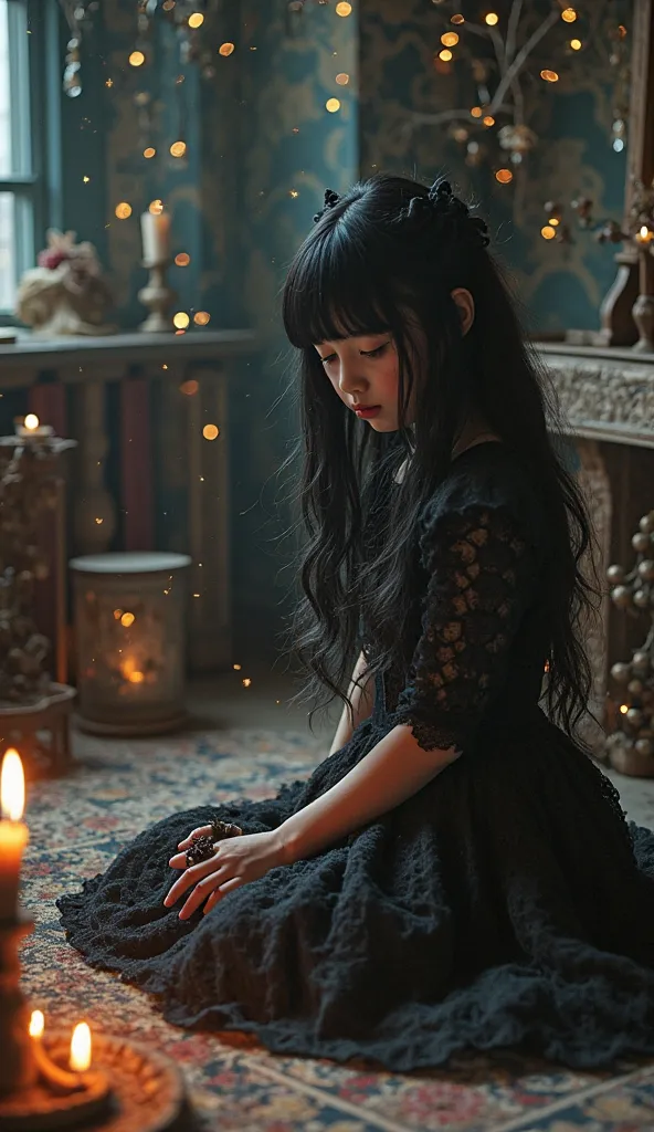 pretty girl with black hair and very white skin wearing a gothic lolita dress, her hair is black, straight and has bangs, she is in her gothic tim burton style room, she is performing a magic ritual on the floor of her room, you can also see in this room m...