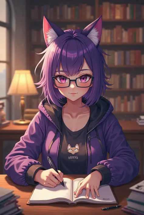 Breasts, Cat Ears, Purple Hair, Short Hair, Glasses, Purple jacket with cat in the middle, Writing on a notepad, sitting in a library.