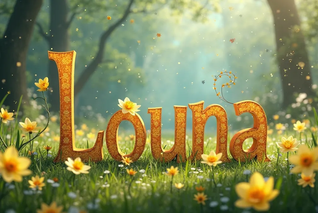 Create a poster with letter-by-letter writing "LOUNA " en français dans un style Disney 4d. Thème  et JONQUILLES 