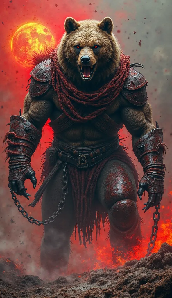 The Blood Warrior:
" a hybrid bear and wolf creature, covered in rusty metal scales and deep scars. On Tuesdays, hunts under bloody moons, dragging broken chains that clink like war bells. Your eyes shine with a feverish red and your breath exudes hot stea...