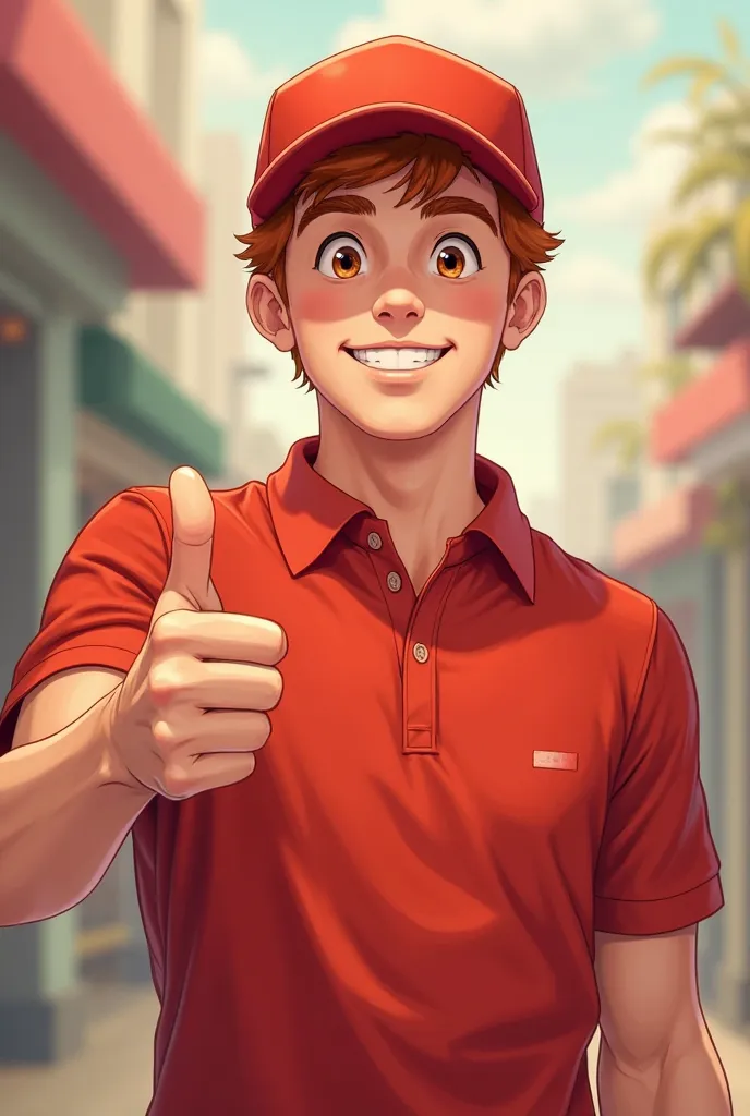 25-year-old male, with red short sleeve polo shirt, with red baseball cap, Looking from the front with a thumb up as a sign of I like