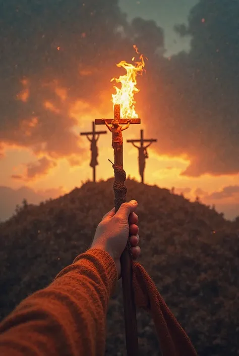 "First-person perspective. Your hand is holding a staff, and at the tip of the staff is a cloth set on fire. In the background, three crosses stand on a hill—Jesus is in the center, with Dimas on the right and Gestas on the left. The sky is a blend of oran...