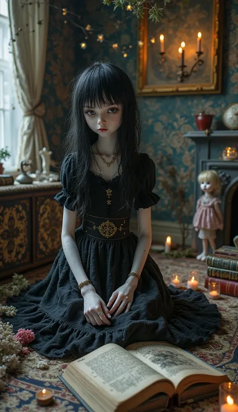 pretty girl with black hair and very white skin wearing a gothic lolita dress, her hair is black, straight and has bangs, she is in her gothic tim burton style room, she is performing a magic ritual on the floor of her room, you can also see in this room m...