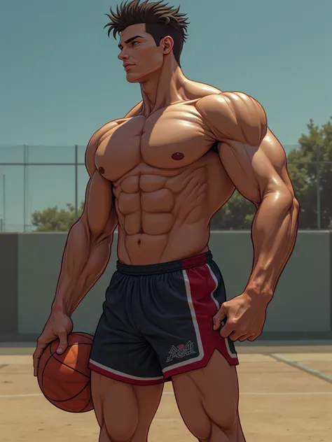 The most muscular basketball players、basketball team、20 year old with a beautiful face、Very wide shoulders、pectoralis major muscles that are impossibly huge and voluminous、 Muscular Thick Legs、Thick, muscular arms、unbelievably huge breasts、Three-dimensiona...