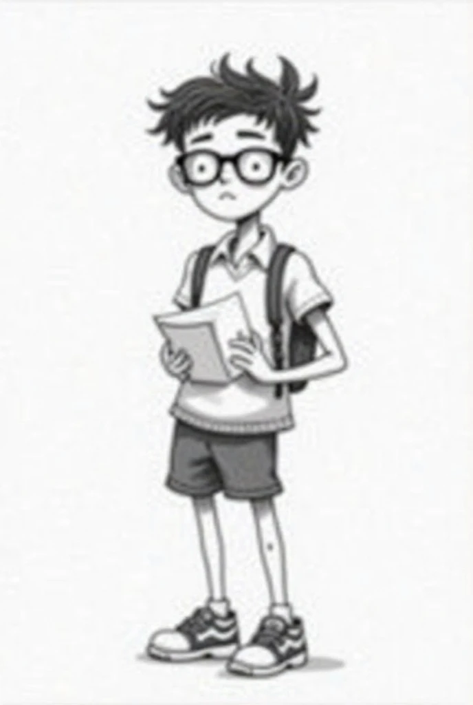 Generate a random nerd guy with dork diaries and the diary of a wimpy  theme in black and white standing holding a notebook with glasses that is a simple picture but the guy is tall