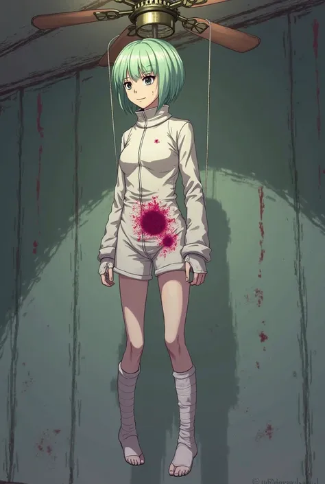 (Style of the game called Danganronpa):  A girl who measures 1,60, she has short, light green hair, wearing a fencer's costume. and that she is hanging by a string in a ceiling fan, that is dead and that has a hole in her stomach where pink blood is voting...