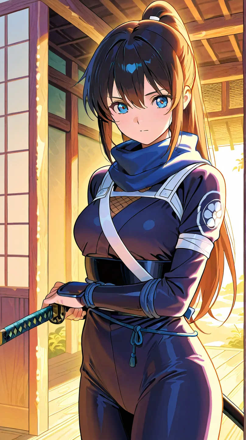  vector art、((female ninja))、female ninja、cute、Beautiful work、Light production,((Highest quality、masterpiece、Highest quality、High resolution、8k、detailed、ultra-detailed:1.3))、dynamic posing,(((((have a katana,black painted scabbard ,one sword :1.3)))))、((((...