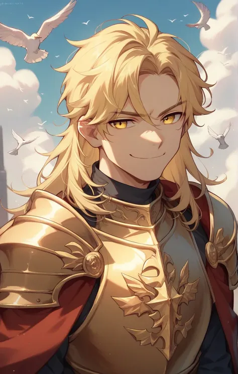 rating:safe, blonde_hair, 1boy, male focus, long hair, yellow eyes, solo, bird, sky, long sleeves, cape, upper_body, knight, golden armour, smug