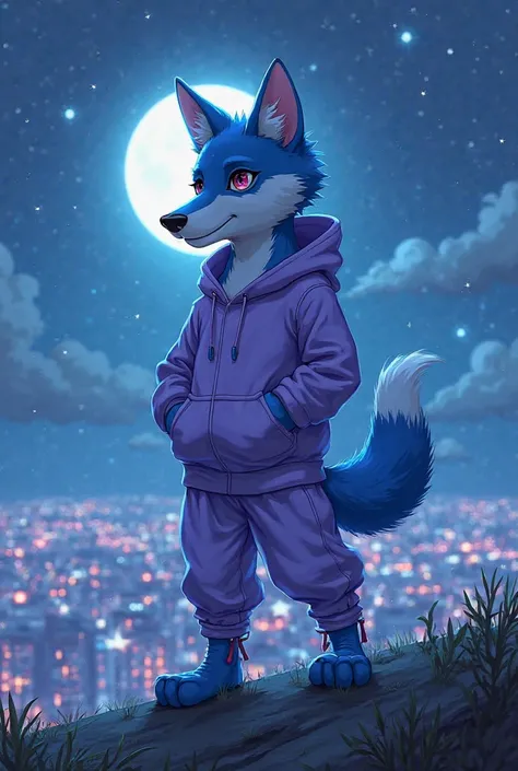  A full body , Anthropomorphic adult blue wolf wearing a light purple hoodie,  pants,  pretty face ,  posing for a photo on a hill at night with a city in the distance