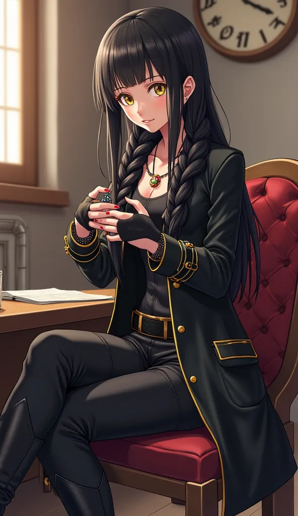 In the anime style of Devil May Cry, a 16-year-old girl with long black hair styled in a braid with French bangs and golden eyes dressed in a coat similar to Vergil's closed in black with gold details, black pants with two straps on the left leg, black hig...